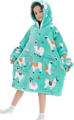Produktbild von Unyqoos® Hoodie‑Decke für Kinder – Oversized Fleece‑Kapuzenpullover, superweich, One Size (Kids), Lama‑Motiv, große Fronttasche