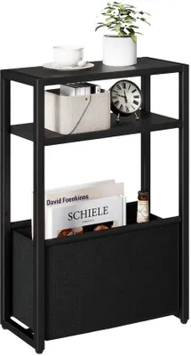 Produktbild von Unyqoos® Beistelltisch 3-stufig mit Stoffkorb, kompakt 43×18,5×65 cm, MDF in Retro-Holzoptik & schwarzer Metallrahmen, platzsparend, Tragkraft bis 200 Pfund