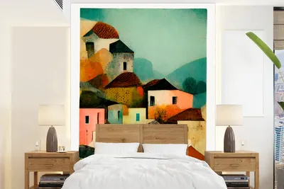 Produktbild von MuchoWow® Fototapete für Wohnzimmer oder Schlafzimmer Wandtapete Vinyl Motivtapete Italien - Architektur - Dorf - Pastell - Kunst - 205x280 cm - Wandbild