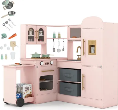 Produktbild von GOPLUS Kinderküche, Spielküche mit Licht & Sound, ausziehbarem Wagen, Stoffkörben, Kühlschrank, Zubehör, Spielzeugküche für Kinder ab 3 Jahren (Rosa)