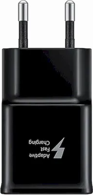 A black Samsung fast charging USB wall adapter is shown against a white background.