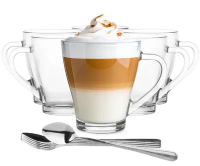 6 Latte Macchiato Gläser 360 ml mit Henkel & Löffel, transparent
