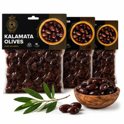 Produktbild von Kalamata Oliven mit Stein aus Griechenland – Griechische Oliven 250 g