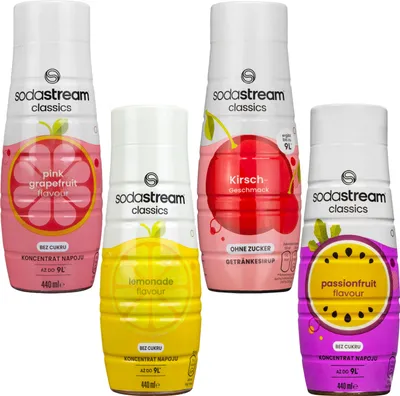 Produktbild von Sirup SodaStream Pink Grapefruit Zero, Lemon Zero, Sugar Free Cherry, Passionfruit Zero, 440ml, 4 Stück