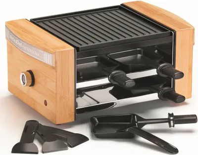 Produktbild von Raclette 750 W – Antihaft-Aluminium-Gussplatte – 4 Pfännchen + 4 Spatel – Einstellbarer Thermostat – Bambuskorpus – Schwarz/Natur – Kitche