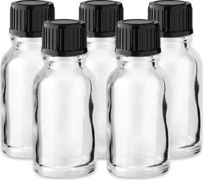 Produktbild von 5x Klare Glasflasche 15 ml mit schwarzem Kunststoff Schraubverschluss