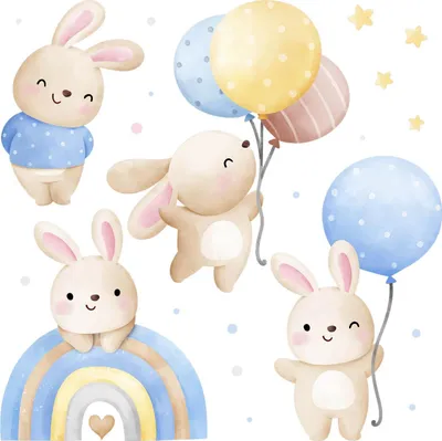 Produktbild von Wandaufkleber Kinderzimmer – Wandsticker für Baby & Kinder – Selbstklebende Wanddekoration – Abnehmbar ohne Rückstände – Deko für Mädchen & Jungen - Aquarellhasen mit Luftballons und Sternen130x203 cm