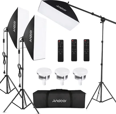 Obrázok produktu pre Súprava štúdiových svetiel - 3x 85W Bi-Color LED-Lichter (2800K-5700K), 3x 50x70cm Softbox, 3x 2M Stative, Fernbedienungen, Boom Arm & Tragetasche