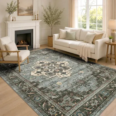 Immagine prodotto di Elzusha - Tappeto vintage lavabile, 140 x 200 cm, con fondo antiscivolo