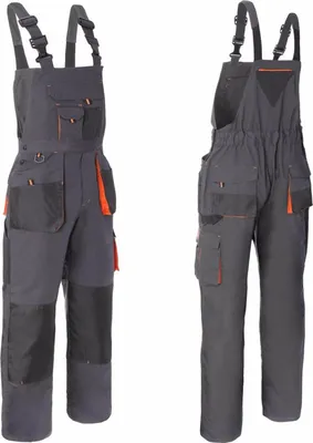 Two views of a pair of gray work overalls with orange accents, presented against a white background.