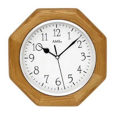 Produktbild von AMS 5512 Wanduhr Funk Funkwanduhr analog Holzrahmen eiche farben achteckig