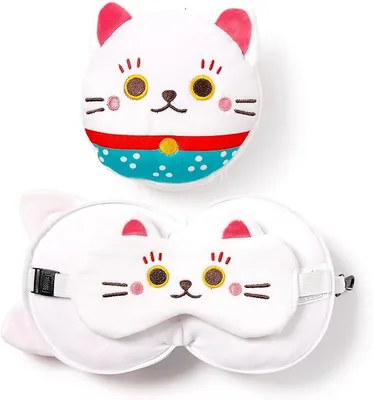 Image de Relaxeazzz peluche Maneki Neko chat porte-bonheur coussin de voyage rond & masque pour les yeux