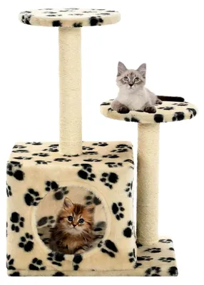 Produktbild von Katzenkratzbaum Sisal 60 cm Beige mit Pfotenaufdruck, Katzenmöbel, Kratztonne für Katzen, Aktivitätskratzbäume, Katzenzubehör