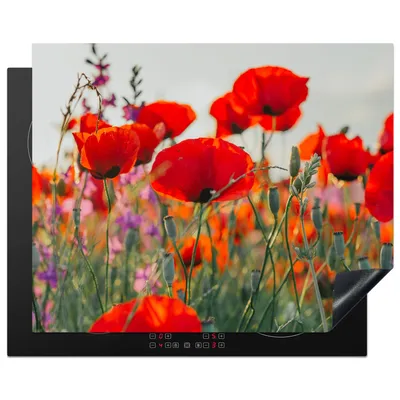 Produktbild von KitchenYeah© Herdabdeckplatte Mohn - Blumen - Rot - Lila - Wiese , 65x52cm, Küche Deko, Glaskeramikkochfeld Herdabdeckung, Abdeckplatte fùr Kochfeld