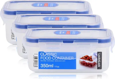 Three clear plastic food containers with blue lids are stacked and shown from the front.