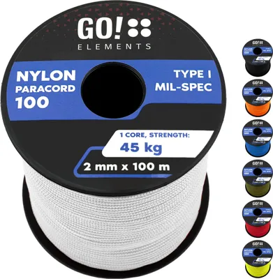 Produktbild von GO!elements 100m Paracord 2mm Seil aus reißfester Nylonschnur - Paracord 100 Typ I Survival Schnur - Reißfest bis 45kg - geeignet als Allzweckseil, Reepschnur, Kordel, Maurerschnur, Farbe: Weiß