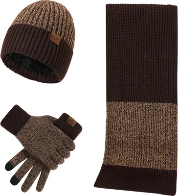 Obrázek produktu pro sada 3 kusů zimních čepic, šál a rukavic, dvoubarevný horizontální design / hnědá barva