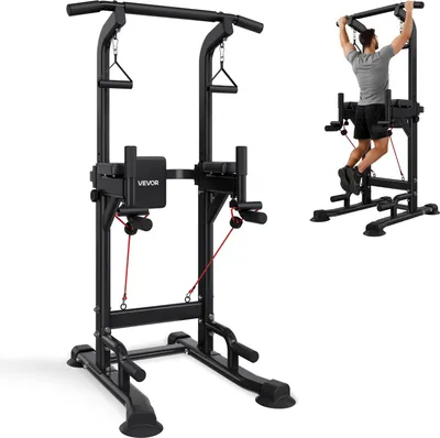 Produktbild von VEVOR Klimmzugstange Klimmzugstation Power Tower Dip Station mit 150 kg Tragkraft & H-Rahmenkonstruktion & Rückenpolster, 12-fach höhenverstellbar, multifunktionales Training von Armen Rücken