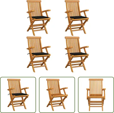Produktbild von The Living Store Gartenstühle mit Schwarzen Kissen 4 Stk. Massivholz Teak