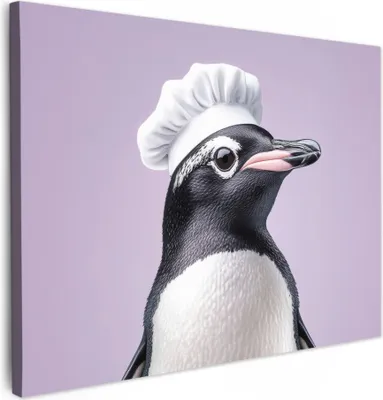Produktbild von Wanddeko 80x60 cm - Vogel - Kochmütze - Pinguin - Lila, Leinwand Bilder, Wanddeko, Gemälde