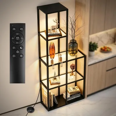 Produktbild von LED Vitrine mit Ferngesteuerte L-Förmig Verstellbar 6 Fächer inkl.3 Sicherheitsglas Glasvitrine Standvitrine Sammlervitrine für Wohnzimmer Schlafzimme