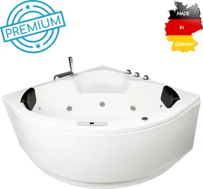 Produktbild von Basera PREMIUM Indoor Eck-Whirlpool Badewanne Maui 130 x 130 cm mit 21 Massagedüsen, Heizung, Ozongenerator, Bodenansaugung, Wasserfall, LED-Ambiente, Touchpanel, Bluetooth, Radio