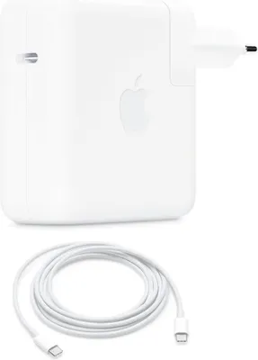 A white Apple USB-C power adapter and a white USB-C cable are shown against a white background.