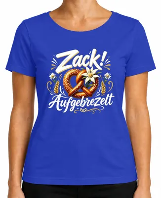 Produktbild von Zack! Aufgebrezelt Bayern Brezel Wiesn Trachtenshirt Lederhose Damen T-Shirt, Blau, L