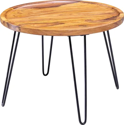 Runder Couchtisch Sheesham Massivholz mit schwarzen Haarnadel-Metallbeinen in Gesamtansicht.