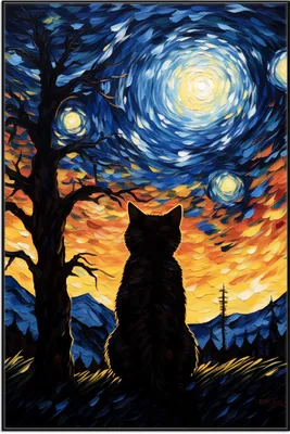 Produktbild von Wallario Wandbild Katze im Sternenlicht, Größe: 61 x 91,50 cm, Poster mit schwarzem Aluminiumrahmen