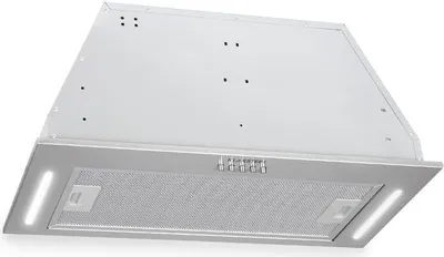 A kitchen range hood shown from a slightly angled front view, with its underside and internal components visible.