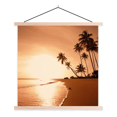 Produktbild von MuchoWow® Textilposter Sonnenuntergang - Tropisch - Palme - Strand - Meer 120x120 cm mit holzfarbenen Rahmen - Textil-Poster