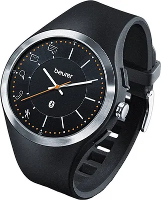 A close-up studio shot of a black Beurer smartwatch with a silver bezel and a black rubber strap.
