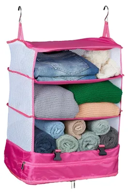 Image de Organiseur de bagages à suspendre, H x L x P : 55 x 44 x 30 cm, organiseur de valise pliable, 4 compartiments, cube de rangement portable, rose
