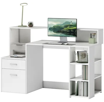 Produktbild von Computertisch mit Stauraum, 2 Schubladen, offenen Regalen und Druckerablage, 137 x 55 x 92 cm, wei?