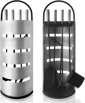 Immagine prodotto di QEENTOE, set di accessori per camino, set completo da 5 pezzi, set di utensili per camino in acciaio inossidabile, set di accessori per camino con supporto, set di strumenti per camino, argento