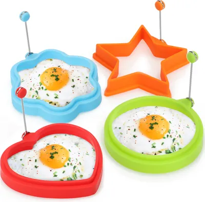 Produktbild von COM-FOUR® 4x Omelettpfannenform - Kreis, Blume, Stern und Herz - für Spiegelei und Pancake, Silikonform mit Hitzeschutzgriff - Bratform für Omelettpfannen