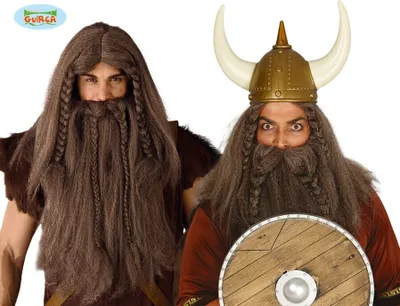Immagine prodotto di parrucca da barbaro vichingo grigio marrone con barba per uomo