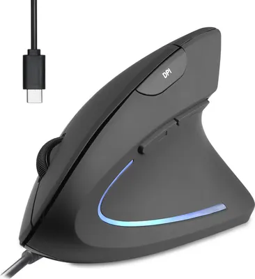 A black vertical ergonomic mouse with a USB-C cable and a blue LED light strip.