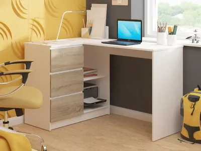 Obrázok produktu pre Rohový písací stôl 124 cm s 3 zásuvkami, počítačový stôl v tvare L, rohová skriňa s 2 priehradkami