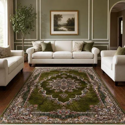 Image de Tapis oriental Isfahan Unyqoos® de style vintage classique, vert, 200 x 300 cm, en polyester, 3 000 g/m², avec bordure en cuir