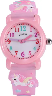 A close-up studio shot of a pink children's watch with unicorn decorations.
