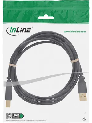 Produktbild von InLine USB 2.0 Kabel, A an B, schwarz, Kontakte gold, 2m, 2 m, USB A, USB B, Stecker/Stecker, 0,48 Gbit/s, Schwarz