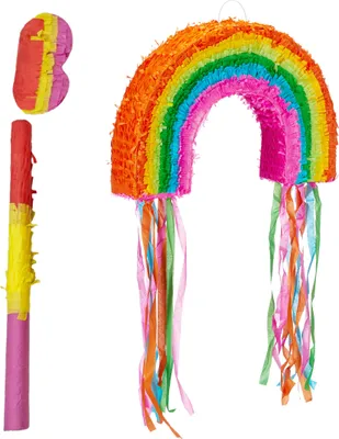 Image de Pinata arc-en-ciel Relaxdays, avec bâton et masque, piñata pour enfants, anniversaire, à remplir, H x l x P : 35 x 53 x 9 cm, multicolore