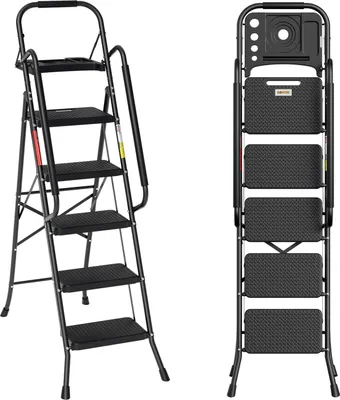 A product shot of a black stepladder shown in two configurations: one unfolded and one folded.