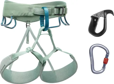 Klettergurt "Momentum Harness Pilot Package" von Black Diamond in mintgrün mit zwei Beinschlaufen und einem Karabiner.