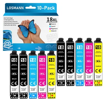Productafbeelding van LOSMANN 18XL printerpatronen, compatibel met Epson 18 XL, geschikt voor de modellen Home XP-322, XP-305, XP-215, XP-225, XP-412, XP-422, XP-325, XP-312, XP-315, XP-205, XP-415, XP-425 (zwart, cyaan, magenta, geel, 10-pack)
