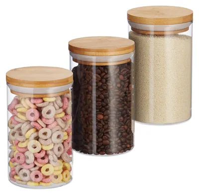 Immagine prodotto di Barattolo per conservazione - Barattolo in vetro - Coperchio in bambù - 800 ml - Set da 3 - Naturale