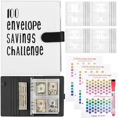 Image de Gestionnaire financier, système d'épargne avec 100 étiquettes pour pochettes, système d'épargne au format A5, organiseur d'argent liquide avec 25 fiches quadrillées pour les familles et les écoles, économisez 50/50 €