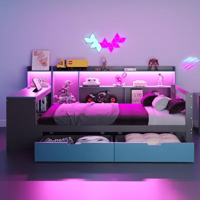 Obrázok produktu pre Detská posteľ Merax rozkladacia 90x200cm s písacím stolom a policami, drevená posteľ s LED osvetlením a zásuvkami, multifunkčná posteľ so zásuvkami, čierna+modrá